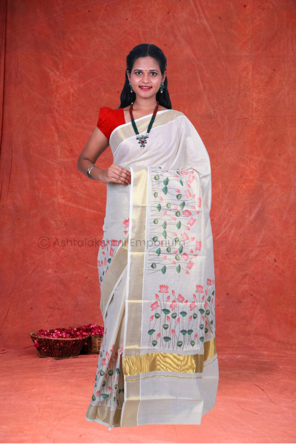 Copper with Digital Print Flower Cotton Tissue Saree