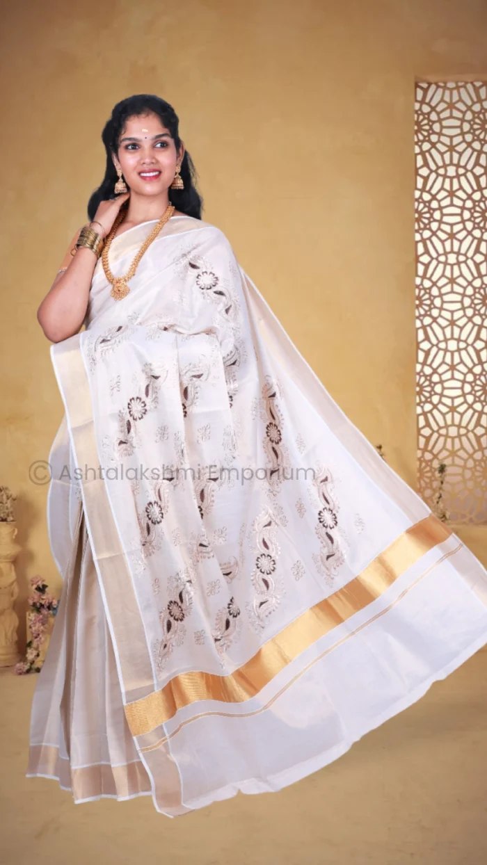 Copper with embroidery design Cotton Tissue Saree