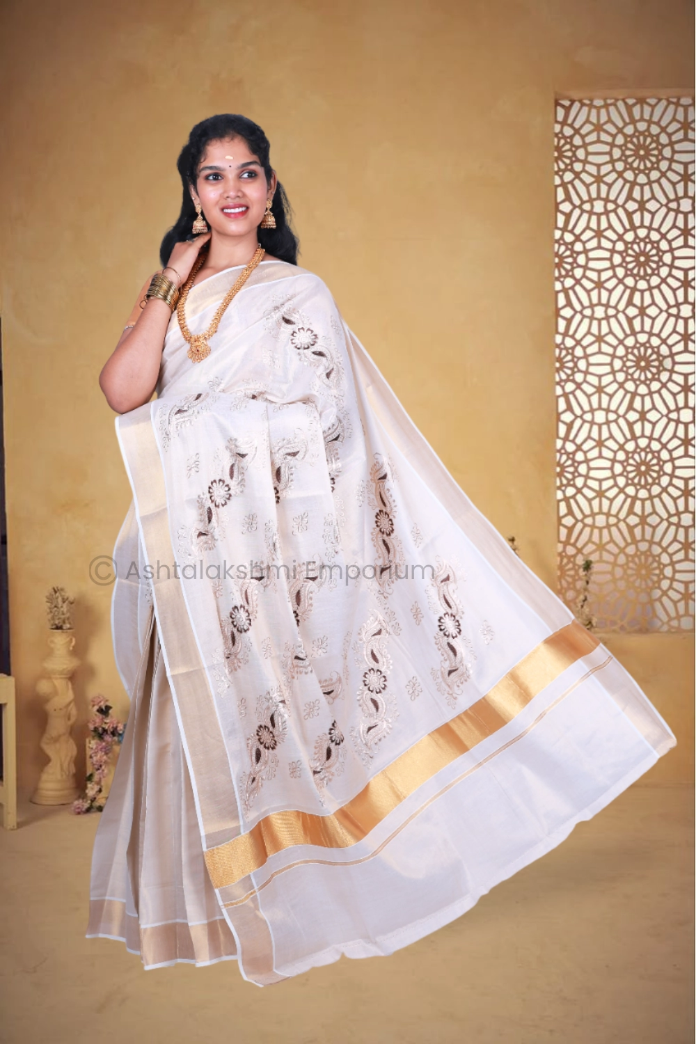 Copper with embroidery design Cotton Tissue Saree
