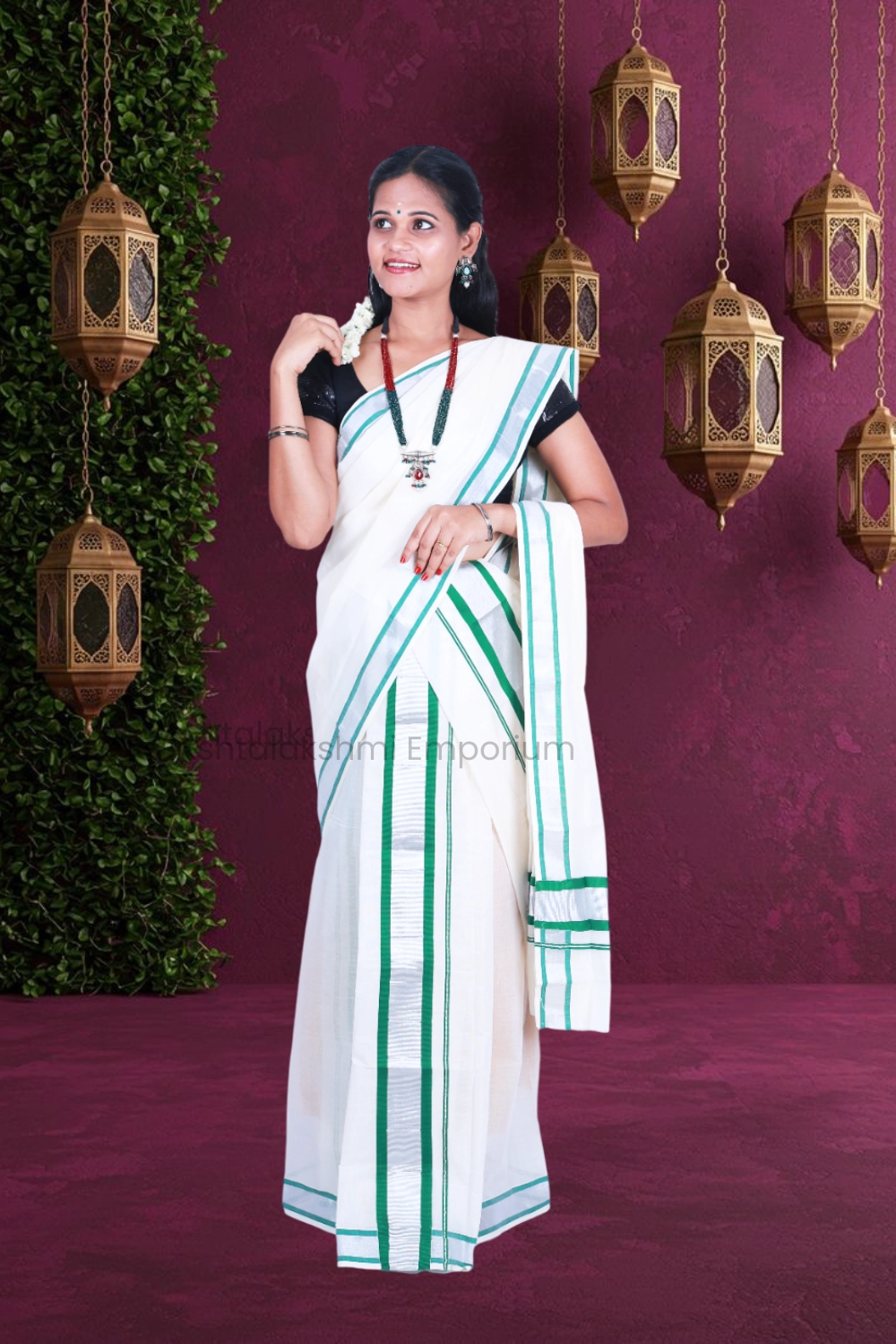 Gold Temple Design with Red Colour Border Cotton Tissue Saree