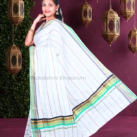 White with Multi Colour Lines Cotton Saree
