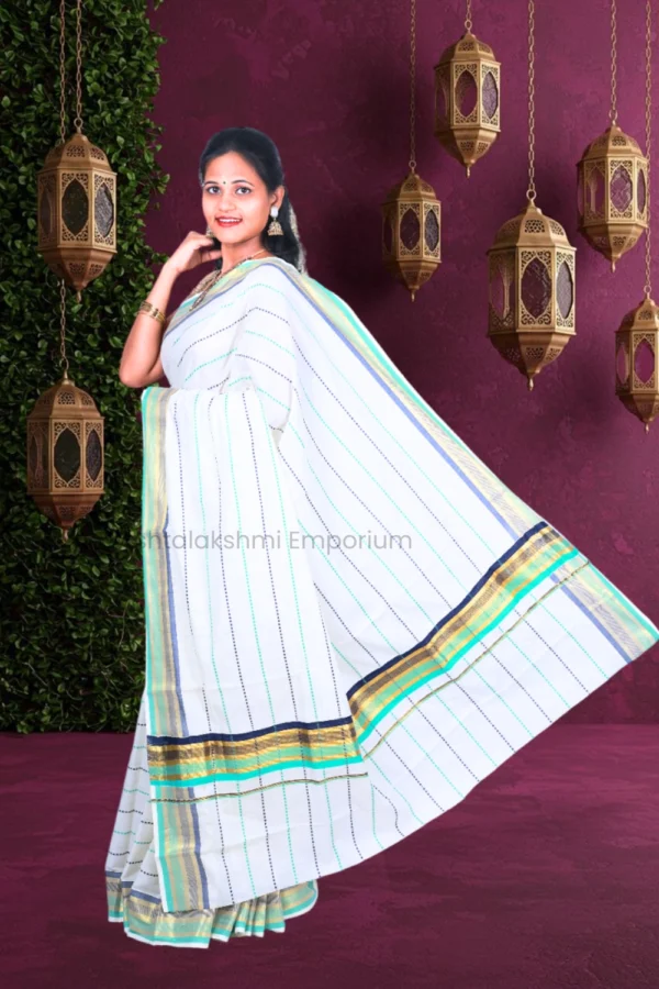 White with Multi Colour Lines Cotton Saree