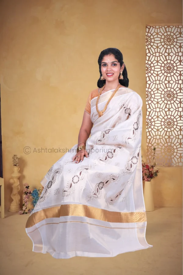 Copper with embroidery design Cotton Tissue Saree