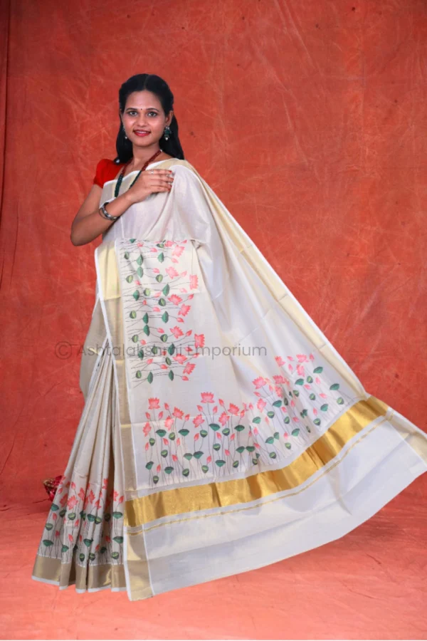 Copper with Digital Print Flower Cotton Tissue Saree