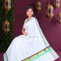 White with Multi Colour Lines Cotton Saree