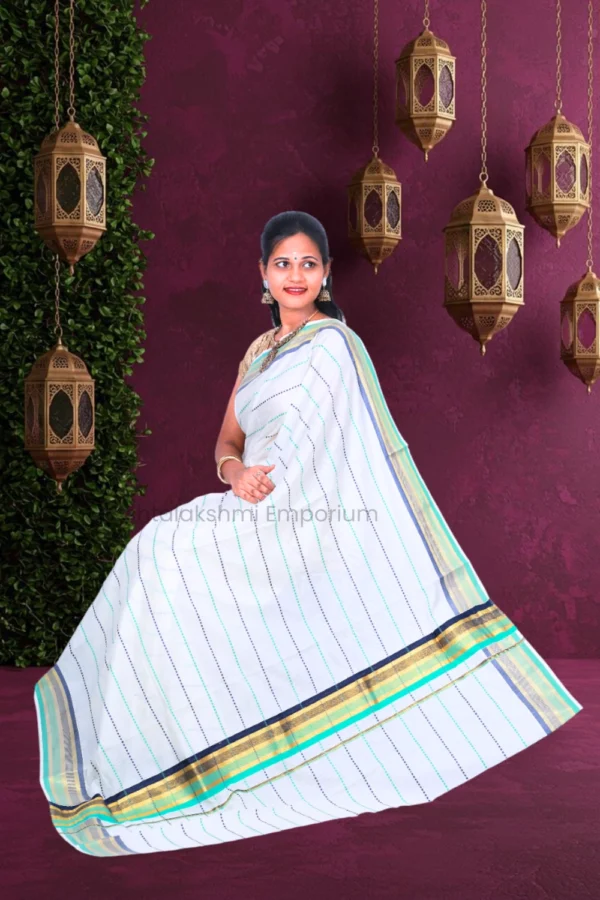 White with Multi Colour Lines Cotton Saree