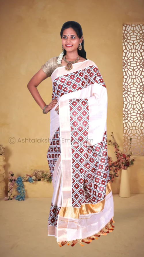 Copper with Block Print Design Cotton Tissue Saree