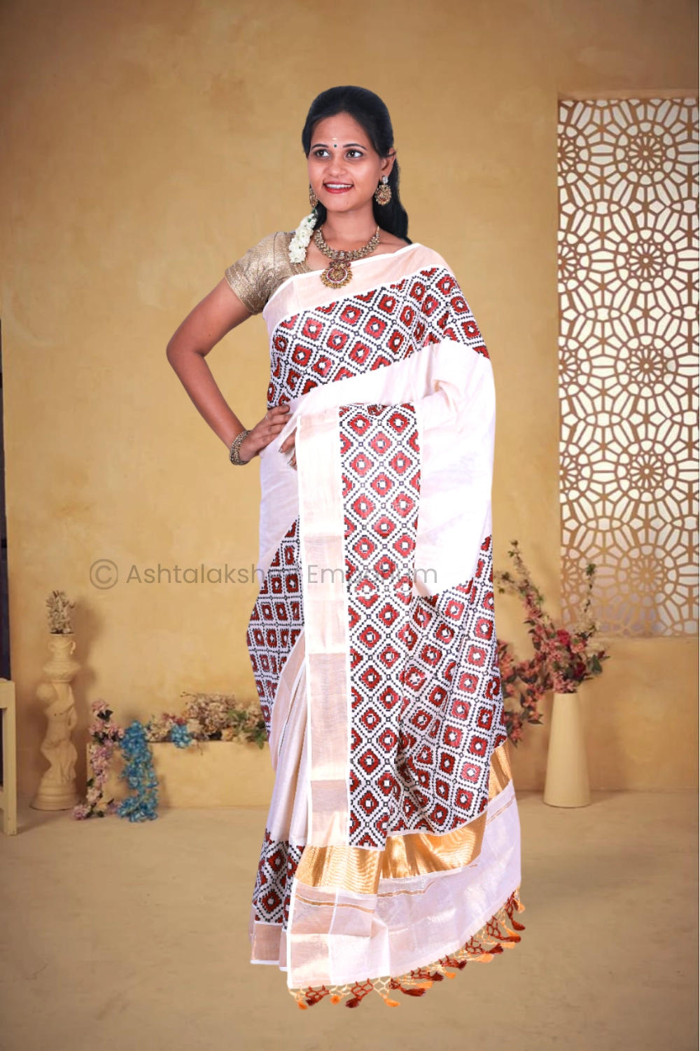 Copper with Block Print Design Cotton Tissue Saree