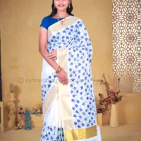 BCH Gold Border with Block Print Design Pure Cotton Saree