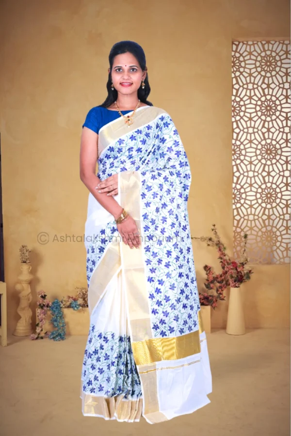 BCH Gold Border with Block Print Design Pure Cotton Saree