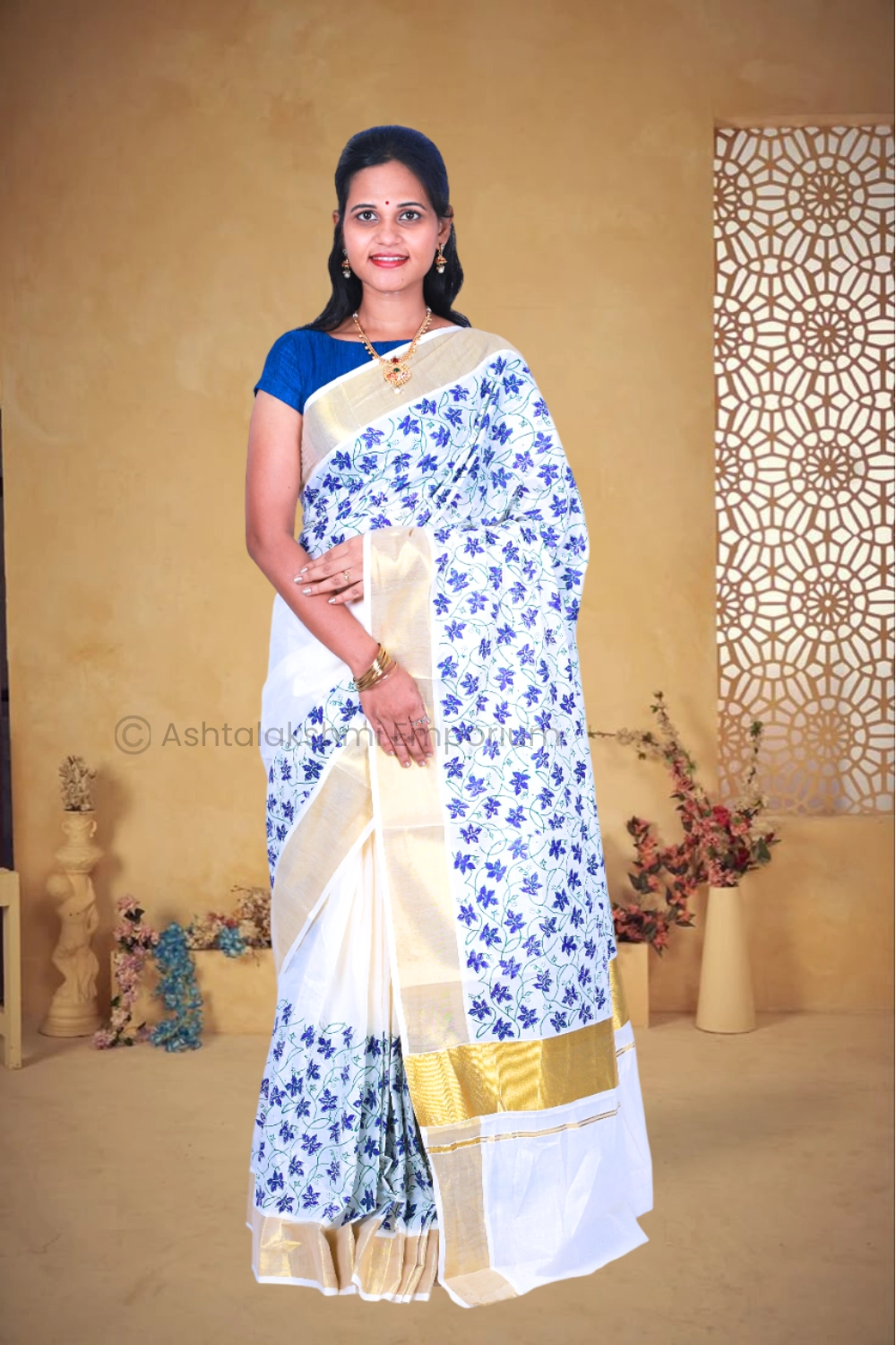BCH Gold Border with Block Print Design Pure Cotton Saree