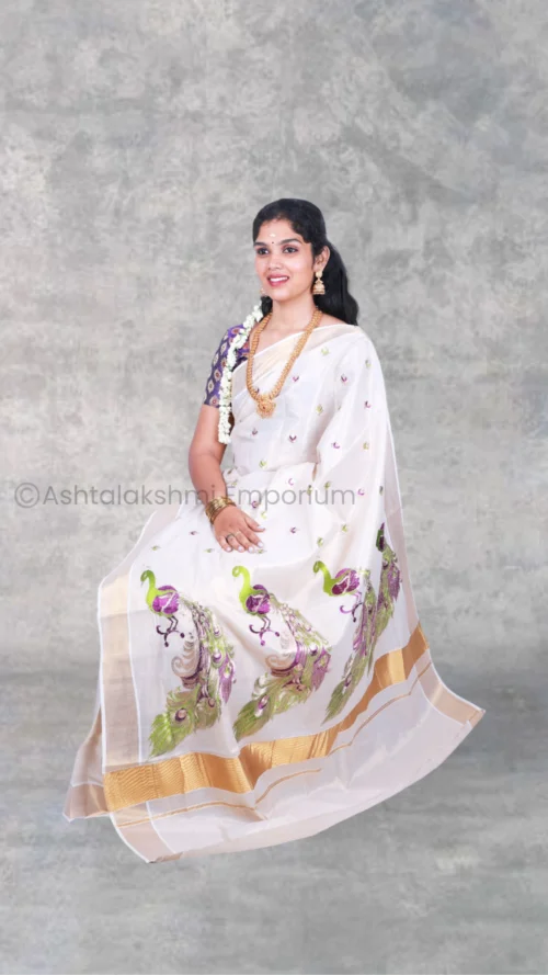 Copper with peacock design embroidery Cotton Tissue Saree