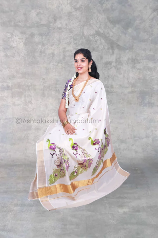 Copper with peacock design embroidery Cotton Tissue Saree