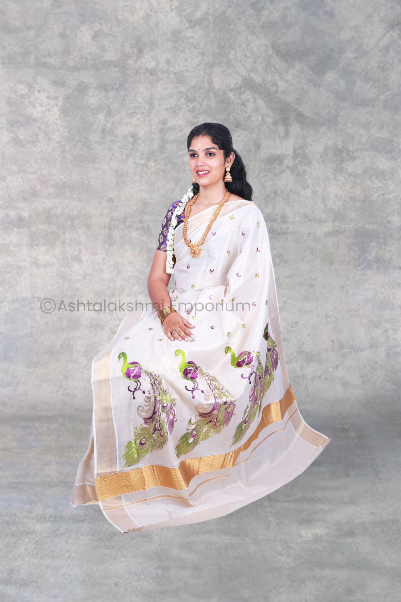 Copper with peacock design embroidery Cotton Tissue Saree