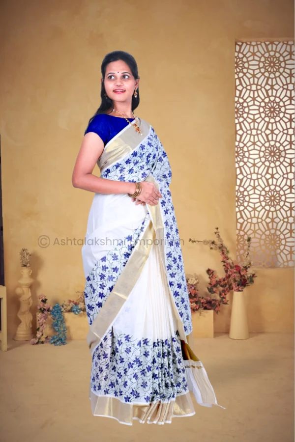 BCH Gold Border with Block Print Design Pure Cotton Saree