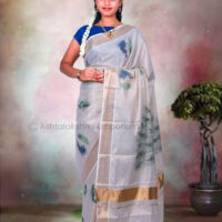 Copper with Small Peacock Digital Print Cotton Tissue Saree