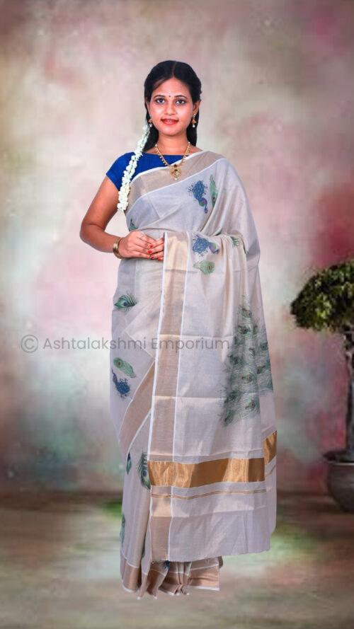 Copper with Small Peacock Digital Print Cotton Tissue Saree