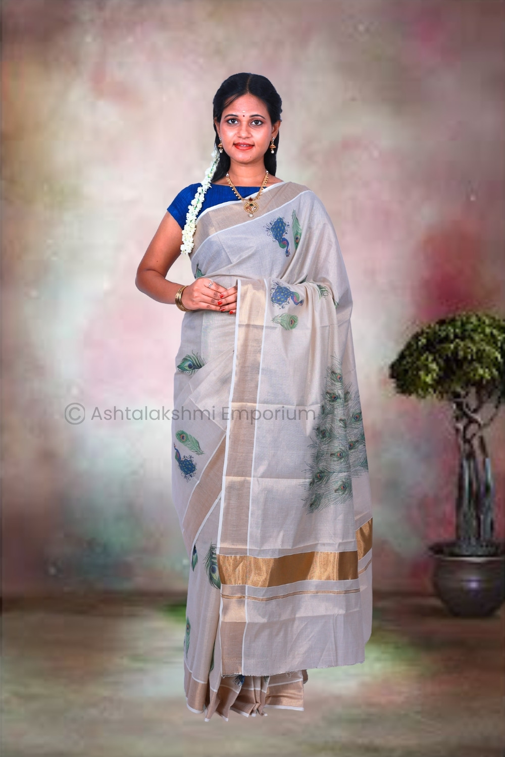 Copper with Small Peacock Digital Print Cotton Tissue Saree
