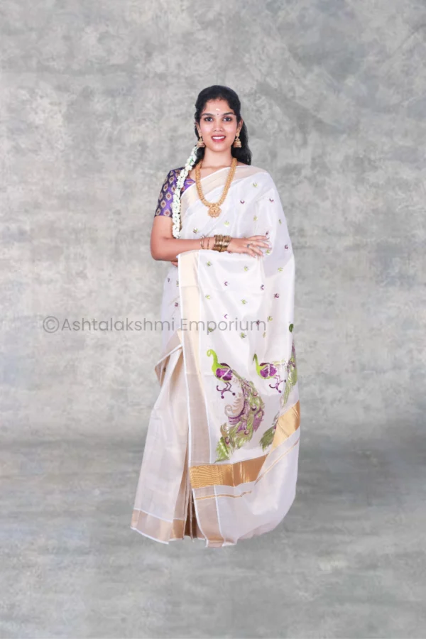 Copper with peacock design embroidery Cotton Tissue Saree