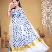 BCH Gold Border with Block Print Design Pure Cotton Saree