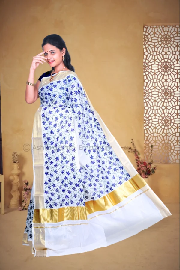 BCH Gold Border with Block Print Design Pure Cotton Saree