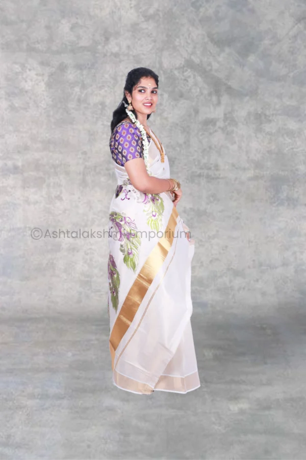 Copper with peacock design embroidery Cotton Tissue Saree