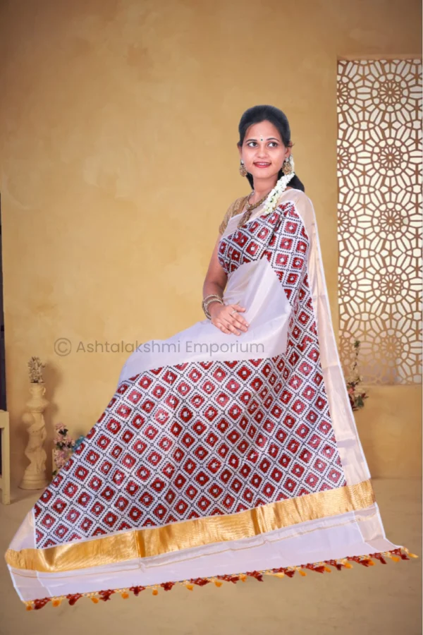 Copper with Block Print Design Cotton Tissue Saree