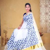 BCH Gold Border with Block Print Design Pure Cotton Saree