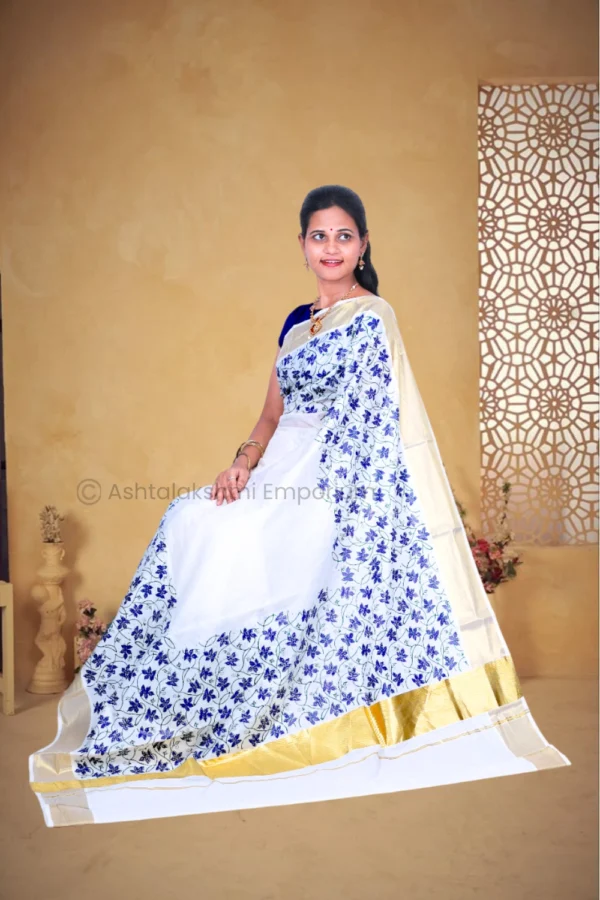 BCH Gold Border with Block Print Design Pure Cotton Saree