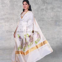 Copper with peacock design embroidery Cotton Tissue Saree