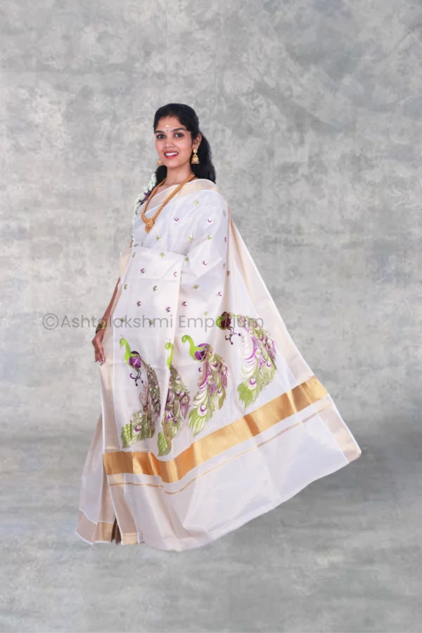 Copper with peacock design embroidery Cotton Tissue Saree