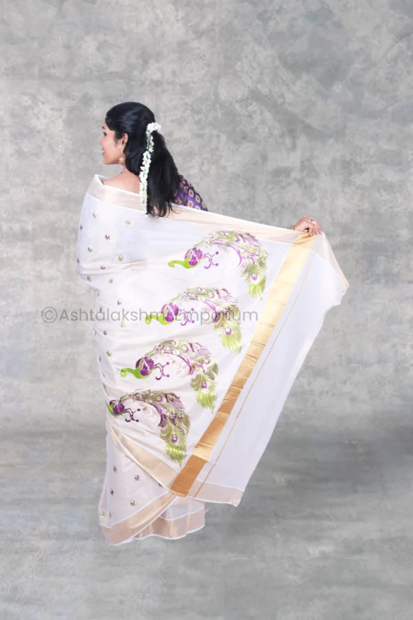 Copper with peacock design embroidery Cotton Tissue Saree