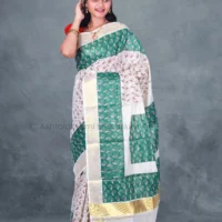 BCH Gold Border with Block Print Design Cotton Tissue Saree