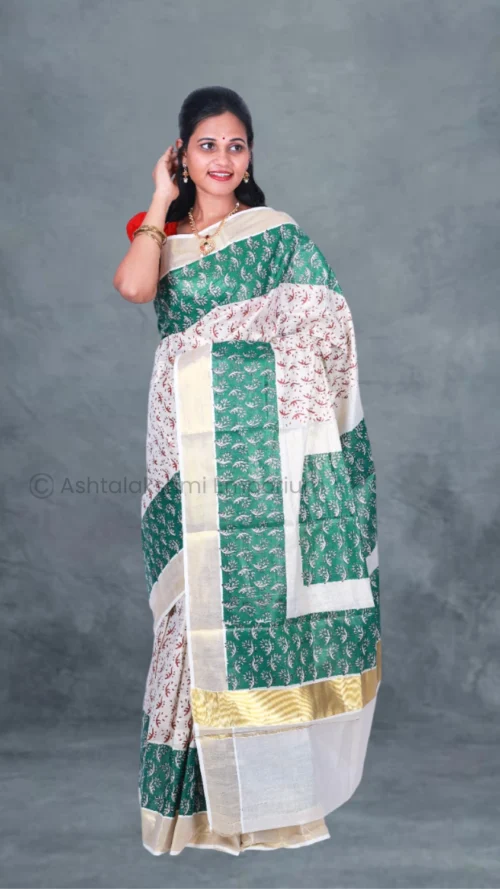 BCH Gold Border with Block Print Design Cotton Tissue Saree