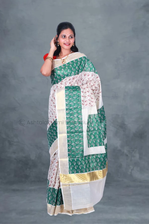 BCH Gold Border with Block Print Design Cotton Tissue Saree