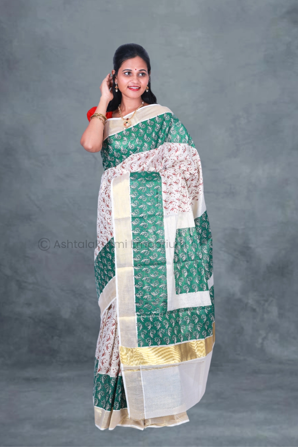 BCH Gold Border with Block Print Design Cotton Tissue Saree