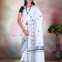 Silver & Black Lines with Embroidery Design Cotton Tissue Saree
