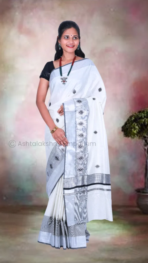 Silver & Black Lines with Embroidery Design Cotton Tissue Saree