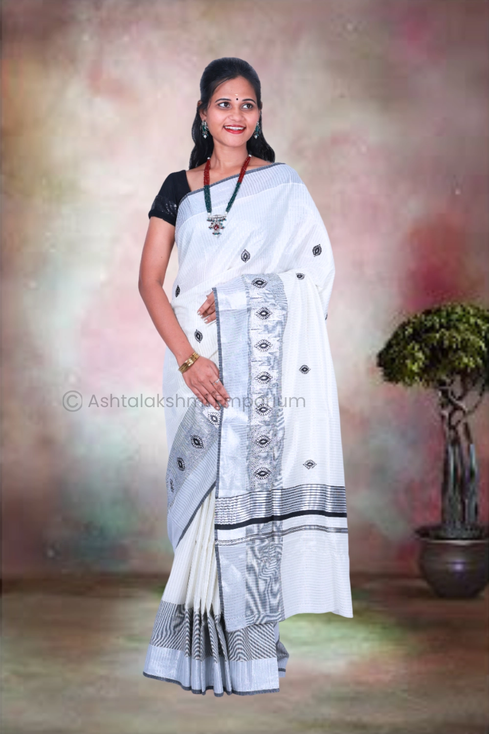 Silver & Black Lines with Embroidery Design Cotton Tissue Saree