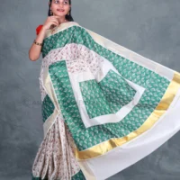 BCH Gold Border with Block Print Design Cotton Tissue Saree