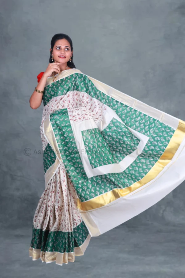 BCH Gold Border with Block Print Design Cotton Tissue Saree