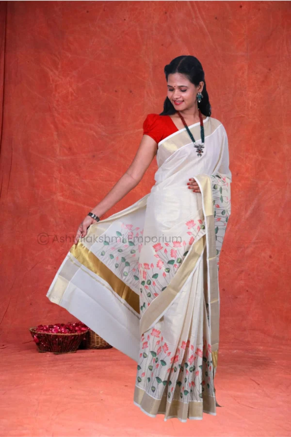 Copper with Digital Print Flower Cotton Tissue Saree