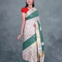 BCH Gold Border with Block Print Design Cotton Tissue Saree