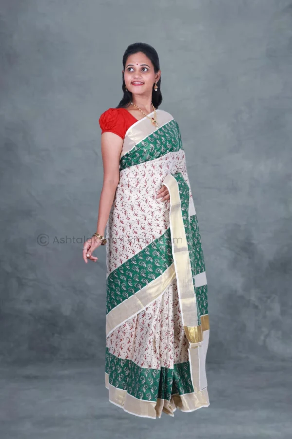 BCH Gold Border with Block Print Design Cotton Tissue Saree
