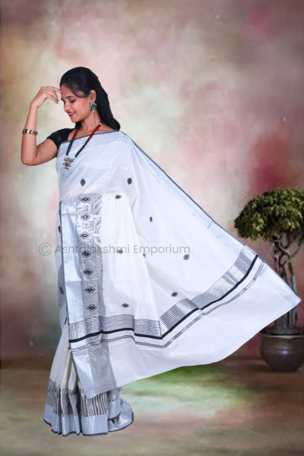 Silver & Black Lines with Embroidery Design Cotton Tissue Saree