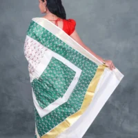 BCH Gold Border with Block Print Design Cotton Tissue Saree
