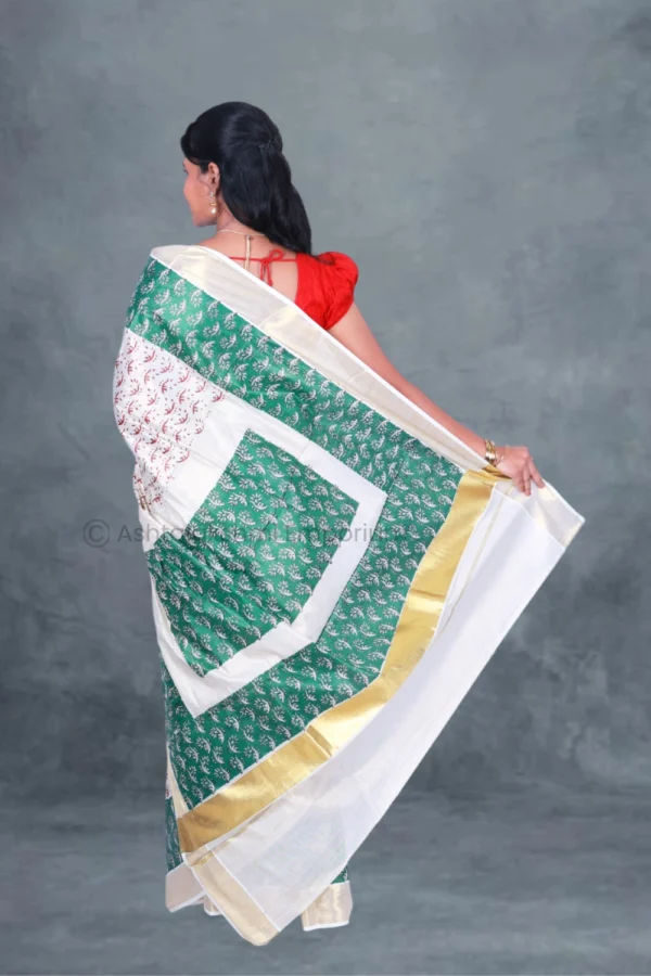 BCH Gold Border with Block Print Design Cotton Tissue Saree