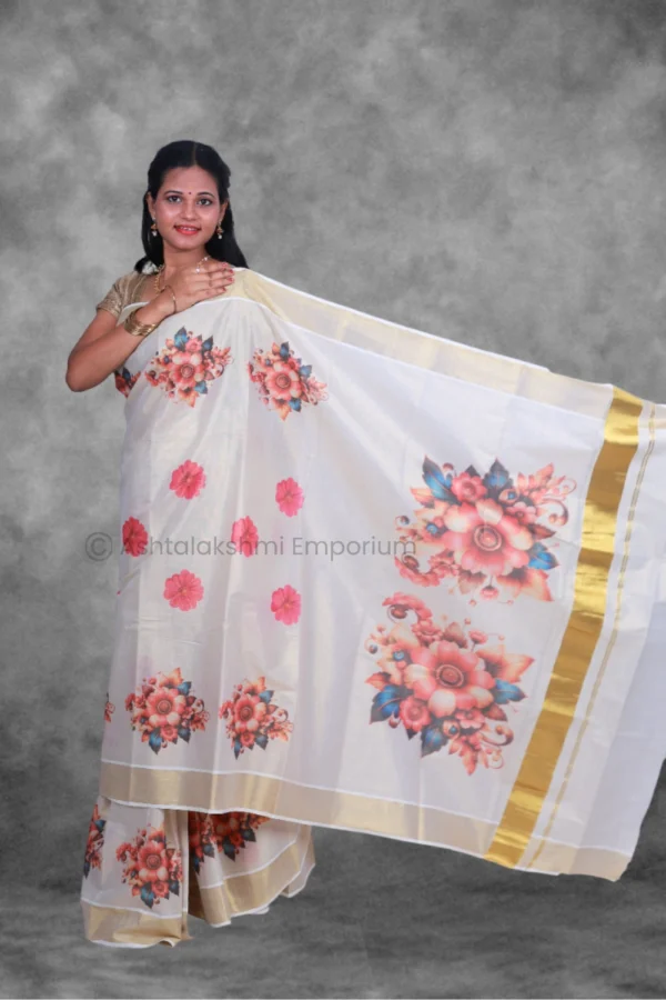 BCH Gold with Digital Print Flower Cotton Tissue Saree