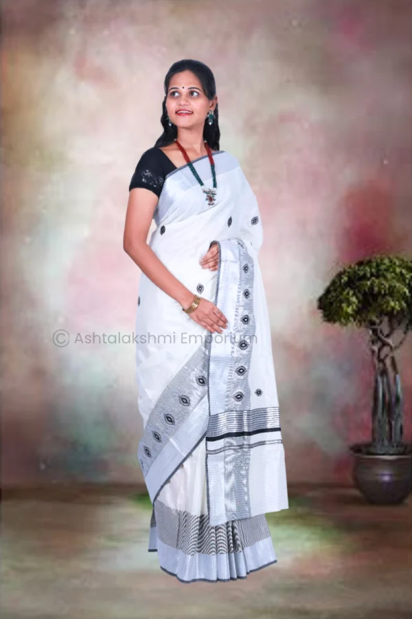 Silver & Black Lines with Embroidery Design Cotton Tissue Saree