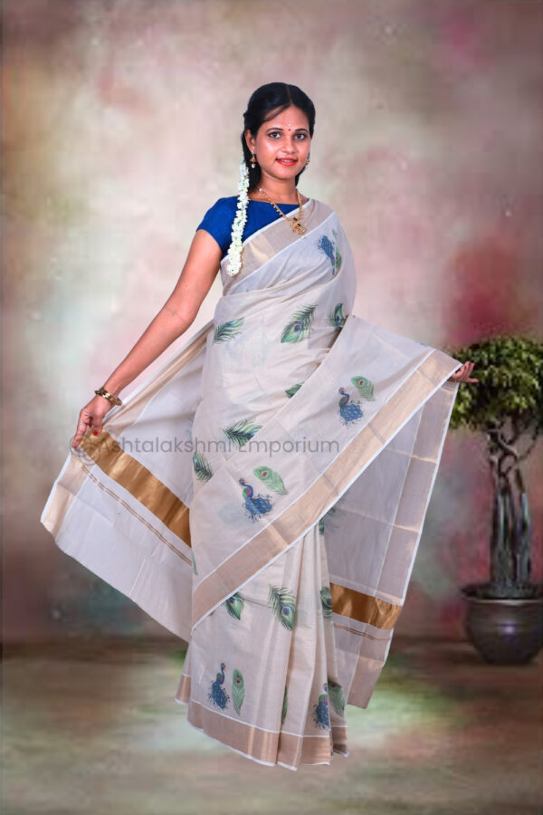 Copper with Small Peacock Digital Print Cotton Tissue Saree